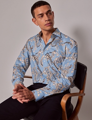 3Картинка Мужская рубашка Hawes & Curtis Piccadilly Blue & Cream Bird Print Slim Shirt
