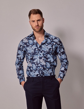 Hawes & Curtis Brandon Navy & Blue Modern Paisley Slim Shirt — Mid-Collar