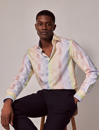 Hawes & Curtis Brandon Blue & Yellow Multi Check Slim Shirt-High Collar