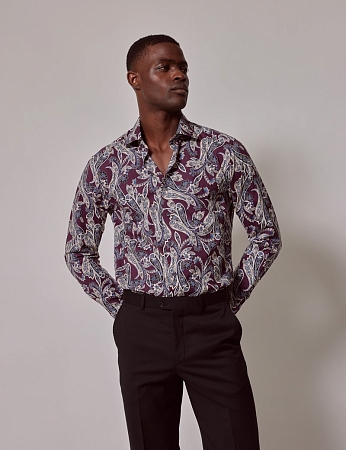 Hawes & Curtis Piccadilly Purple & Cream Floral Paisley Slim Shirt