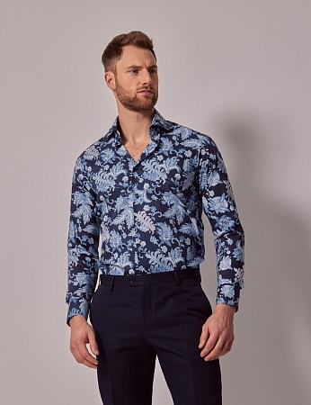 Hawes & Curtis Brandon Navy & Blue Modern Paisley Slim Shirt — Mid-Collar